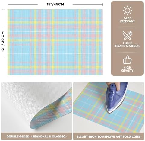 Artoid Mode Blue Striped Check Vinyl Placemats Set of 4, Heat Resistant Non-Slip Woven Plastic PVC Place Mats for Party Kitchen Dining Decor