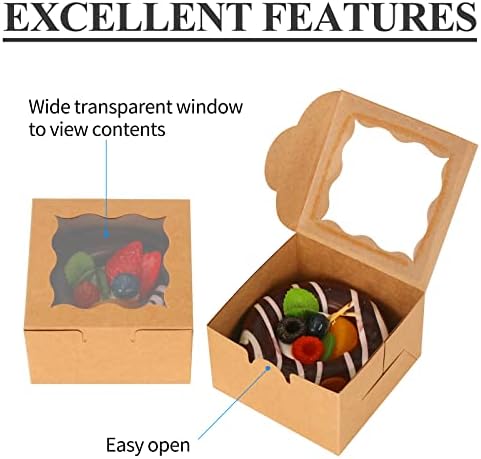 KPOSIYA 60 Pcs Brown Bakery Boxes with Window Individual Cupcake Boxes 4x4x2.5 Inches Cookie Boxes Kraft Paper Brown Gift Box for Pastries, Cookies, Pie, Donuts, Macaroon