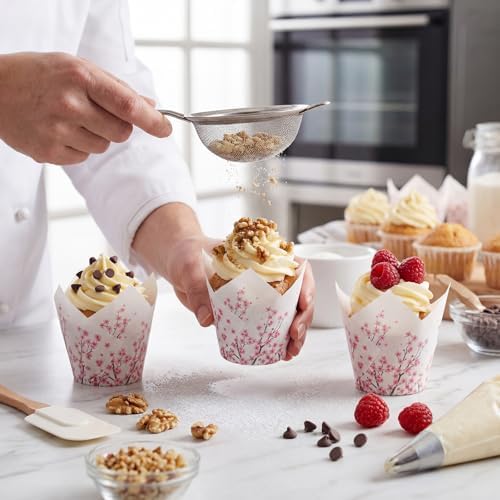 Maxdot 200 Pcs Cherry Blossom Tulip Cupcake Liners for Baking Cherry Blossom Paper Muffin Baking Cups Pink Flower Tulip Muffin Liners Wrappers for Bridal Showers Wedding Tea Birthday Party