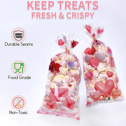 Valentines Goodie Bags, 120Pcs Valentines Treat Bags for Candy Goody Snacks Gifts Packing, Valentines Day Cellophane Bags With 135Pcs Twist Ties for Kids Classroom Party Favors - 4 Lovely Style