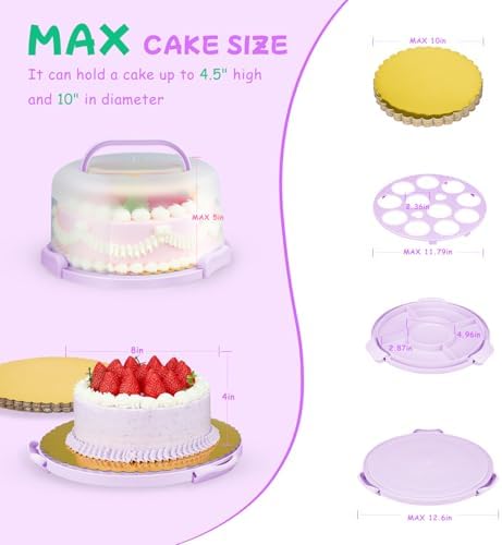 Cake Carrier With Lid And Handle, Bpa-Free Cake Holder With Lid For 10 Inch Round Cake Carrier With 10 pcs Round Golden Cake Boards And Portable Insulated Bag（Purple）