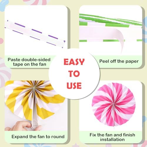9 Pcs Candyland Party Decorations Paper Fans Candyland Themed Classroom Decorations Lollipop Hanging Paper Fans for Christmas Sweet Candy Birthday Wedding Party Supplies