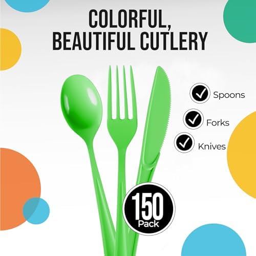 Party Solids Lime Green Plastic Silverware 150 Pcs Lime Green Cutlery Set