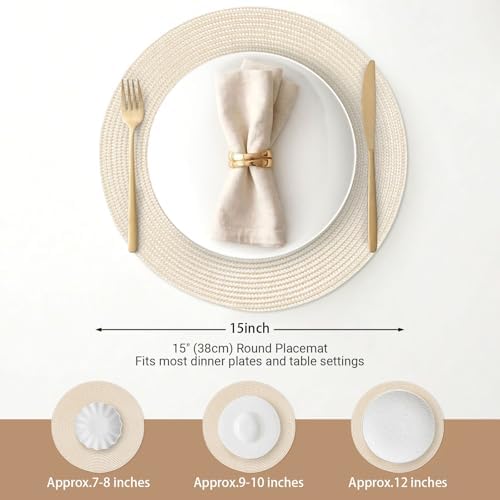 FunWheat Round Braided Placemats Set of 8 Place Mats for Dining Table Woven Washable Non-Slip Table Mats 15 Inch(Ivory,8pcs)