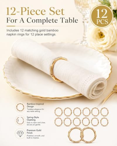 Gold Bamboo Napkin Rings Set of 12 for Weddings and Holiday Tables