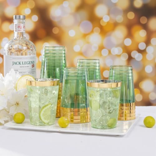supernal 100 Pcs 10 oz Clear Green Plastic Cups,Gold Rimmed Party Tumblers