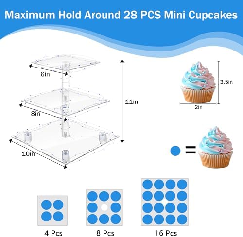 YestBuy 3 Tier Square Cupcake Stand - Premium Cupcake Holder - Acrylic Cupcake Tower Display - Cady Bar Party Décor + LED Light String - Ideal for Weddings, Birthday Parties( Blue Light)