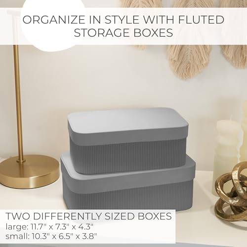 Decorative Storage Boxes with Lids - Set of 2 Fluted Photo Organizer Bins