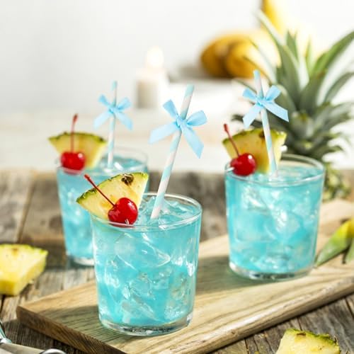 24 Packs Blue Bow Biodegradable Striped Paper Straws, Blue and White Disposable Drinking Straws for Birthday Carnival Summer Pool Party Wedding Baby Shower Halloween Party Decoration Supplies