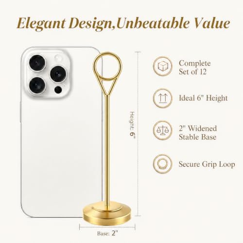 Radezon 12 Pcs Gold Table Number Holders, 6 Inch Tall Place Card Holders for Table, Sturdy Photo Picture Holders with Anti-Tip Base for Wedding Reception, Party, and Event Centerpiece