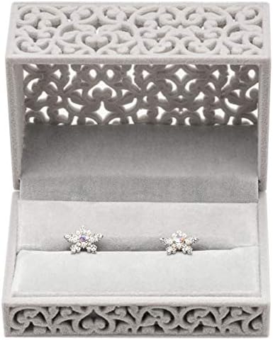Hollow Velvet Ring Box Velvet Jewelry Box for Rings Couple Double Ring Bearer Box Engagement Gift (Gray)