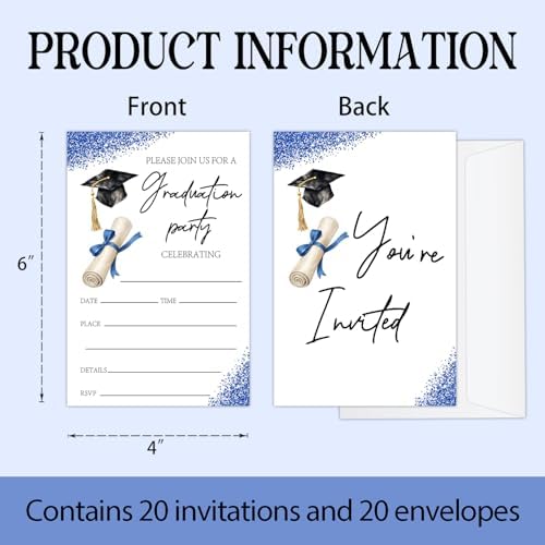 Blue Glitter Graduation Invitations 2026 with Envelopes - 20 Pack Class of 2026 Graduation Party Invitations, 4x6 Inch Fill-in Graduation Announcements for High School or College - A03