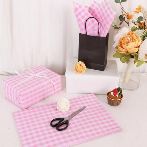 BEISHIDA Gingham Tissue Paper Bulk，Pink and White Checkered Wrapping Tissue Paper for Gift Bags, 14 x 20 Inch Gift Wrap for Valentines Birthday Easter DIY Crafts Decor Holiday Flowers-50 Sheets