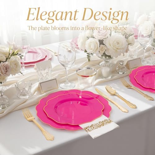 NOCCUR 175PCS Hot Pink Plastic Plates with Gold Disposable Silverware - Include 50 Hot Pink Plates,25 Knives,25 Forks,25 Spoons,25 Cups and 25 Napkins - Ideal for Party/Wedding/Banquet
