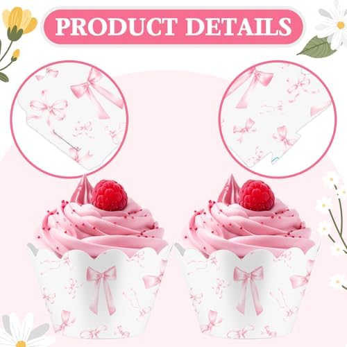 Domensi 100 Pcs Pink Bow Cupcake Wrappers Wedding Bridal Shower Party