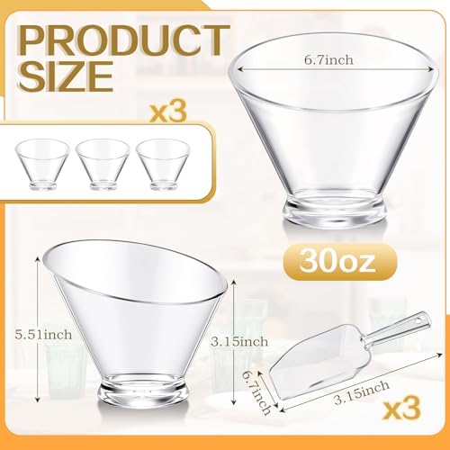 LemonRoad 6 Pcs Clear Plastic Serving Bowls with Scoops, Candy Bowls for Party Table, Disposable Angled Buffet Containers Dishes for Salad Fruit Snacks Appetizer Bar Catering Supplies(30oz)