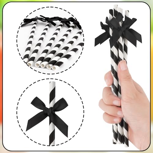 24 Packs Black Bow Biodegradable Striped Paper Straws, Black and White Disposable Drinking Straws for Birthday Carnival Summer Pool Party Wedding Baby Shower Halloween Party Decoration Supplies