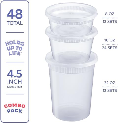 GUSTO Plastic Food Storage Deli Containers with Lids [48 Sets] 8, 16, 32 oz