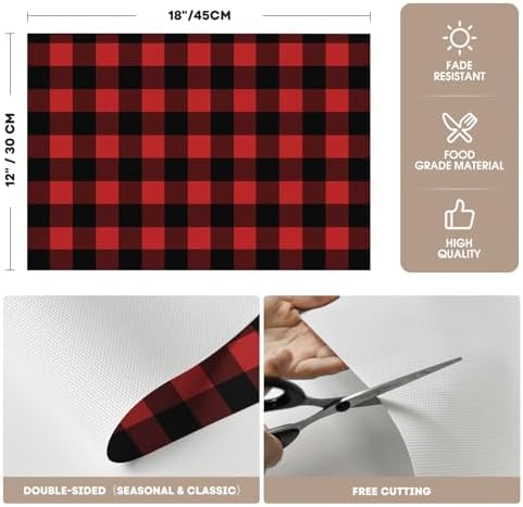 Artoid Mode Buffalo Plaid Vinyl Placemats Set of 4, 12x18 Inch Washable Non-Slip Heat Resistant Plastic Place Mats for Party Dining Table, Black/Red