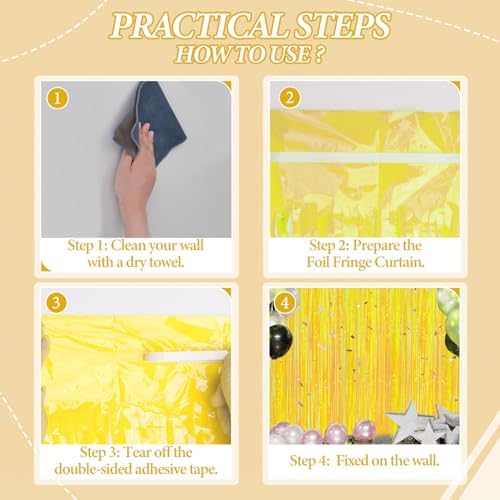 DECOCKRAT 3 Pack Foil Fringe Backdrop - Pastel Yellow Shiny Tinsel Curtains for Party Decoration/Photo Booth Props - 3.3x8.2 FT Metallic Foil Backdrop for Birthday, Wedding, Graduation, Christmas.