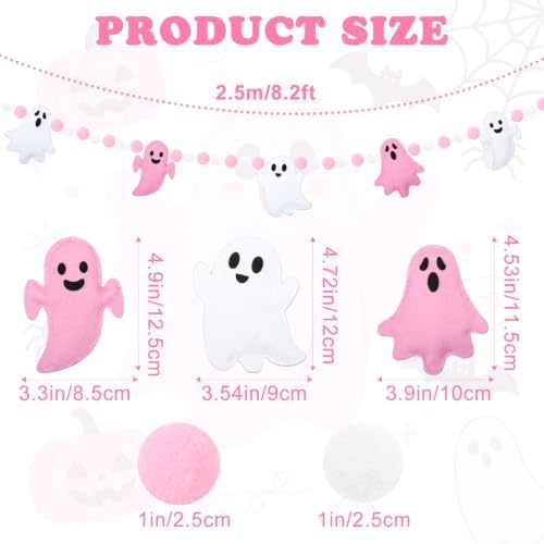 Jansun Pink Ghost Garland 3D Felt Halloween Banner for Fireplace Decor