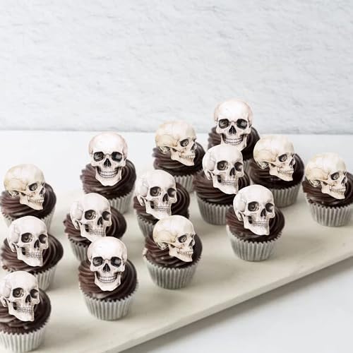60 PCS Edible Halloween Skull Cupcake Toppers Wafer Paper Horror Skull Cupcake Picks Edible Death Head Skeleton Cupcake Decorations for Halloween Baby Shower Birthday Party Cake Decorations Supplies