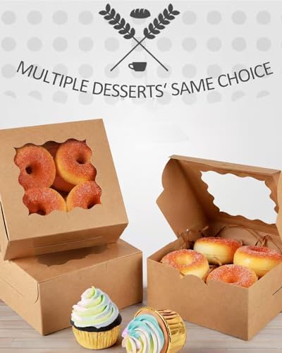 qiqee Kraft Cookie Boxes with Window 60packs 6x6x3 Brown Bakery Box Kraft Paper Boxes for Cookie, Pastry, Cupcake, Pie, Donut
