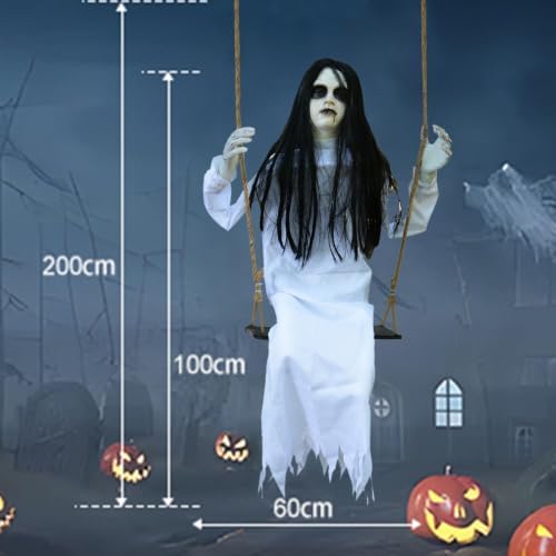PARTYGEARS Halloween Decorations Props Hanging Swinging Girl with Creepy Expressions, Hanging Ghosts The Best Indoor and Outdoor Scary Decorations for Halloween(White)