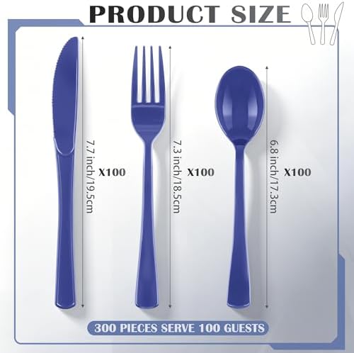 300Pcs Navy Blue Plastic Silverware Set, Disposable Forks Spoons Knives