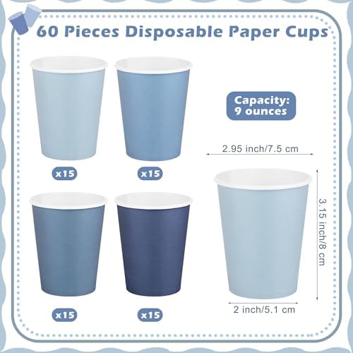 URATOT 60 Pieces 9 Ounce Disposable Paper Cups Gradient Blue Party Cups Drinking Cups for Party, DIY, and Holiday, 4 Colors
