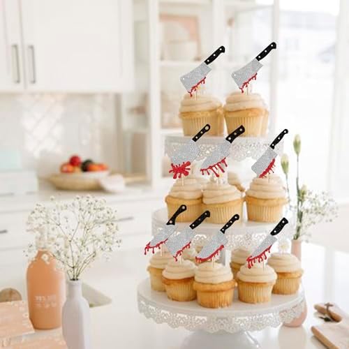 Rsstarxi 24 Pack Halloween Cupcake Toppers Glitter Blood Knife Cupcake Picks Horror Killer Birthday Cake Decorations for Scary Horror Crime Scene theme Birthday Halloween Party Supplies