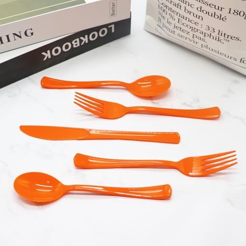 150 Pack Orange Plastic Silverware, Orange Plastic Cutlery Disposable Includes 50 Forks, 50 Spoons, 50 Knives for Birthday, Party, Holiday
