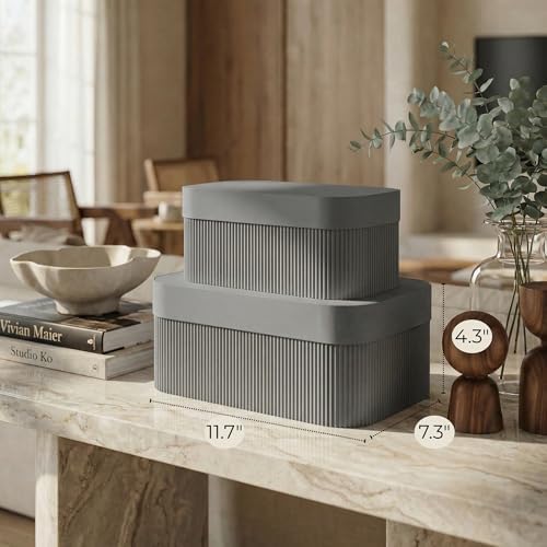 Decorative Storage Boxes with Lids - Set of 2 Fluted Photo Organizer Bins