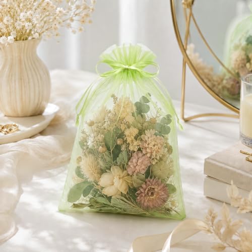 FUNFERY 100PCS Apple Green Organza Gift Bags 6x9in,Drawstring Jewelry Pouch