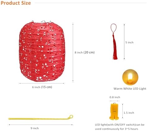 10Pack Paper Lanterns Chinese Lunar New Year Decorations 2026 Japanese Hanging Paper Lanterns with LED Lights Sticks Tassels 6.3Inch for Spring Festival Valentine's Day Wedding Asian Home Party Decor