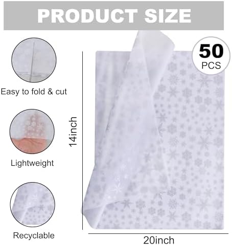 BEISHIDA Christmas Snowflake Tissue Paper Bulk，Silver and White Wrapping Tissue Paper for Gift Bags, 14 x 20 Inch Gift Wrap for Winter Christmas Party DIY Crafts Decor Holiday Flowers-50 Sheets