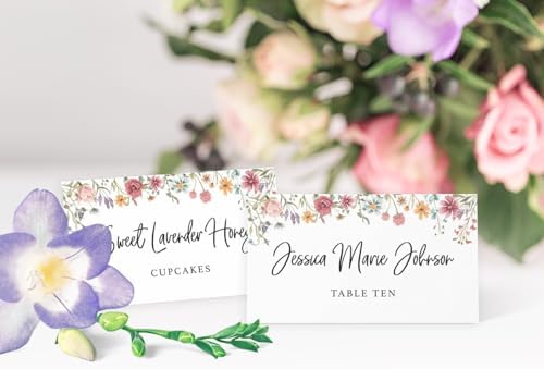 Printed Party Place Cards for Table Setting – Set of 25 Blank Name Cards – Wildflower Design for Weddings, Bridal Showers, Baby Showers, and Dinner Parties