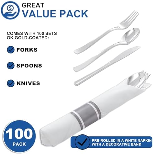 400PCS Pre Rolled Silver Plastic Silverware Heavy Duty for Wedding