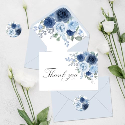 Whaline 36Pcs Dusty Blue Floral Thank You Cards with Envelopes and Stickers Blue Rose Greeting Cards Blank Note Cards for Weddings Bridal Shower Baby Shower