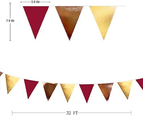 Fall Party Decorations Maroon Gold Brown Metallic Fabric Triangle Pennant Banner Burgundy Flag Bunting Garland for Autumn Thanksgiving Wedding Birthday Bridal Shower Engagement Graduation Garnet Party