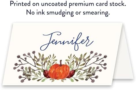 Koko Paper Co Thanksgiving Table Place Cards with Pumpkin and Fall Leaves | 50 Tent Style Dinner Setting Name Cards | Designed and Made in the U.S.A.