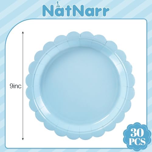 NatNarr 30 Pk Light Blue Plates 9" Disposable Scalloped Blue Paper Plates