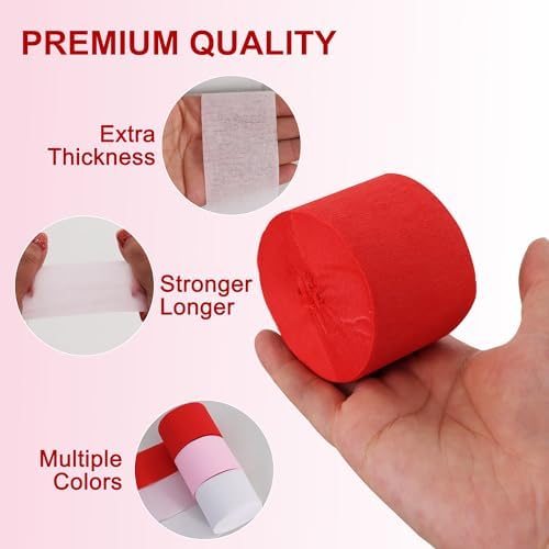 BEISHIDA 6 Rolls Red White Pink Crepe Paper Streamers for Cartoon Cat Theme Party Decorations Valentines Wedding Romantic Mother's Day Birthday Baby Shower DIY Craft Paper (1.8 Inch x 82 Ft/Roll)