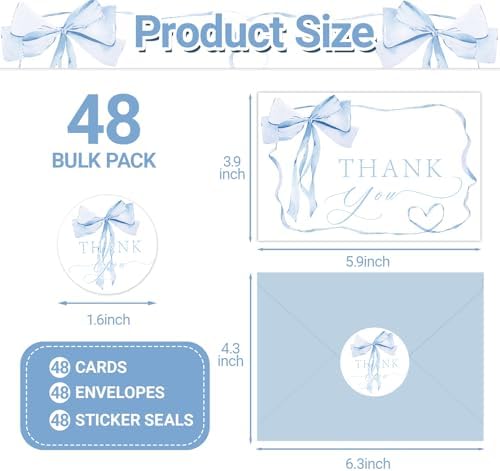 48 Pack Blue Bow Thank You Cards, Bowknot Bridal Shower Greeting Card with Envelopes and Stickers for Birthday Summer Wedding Baby Shower Party Supplies