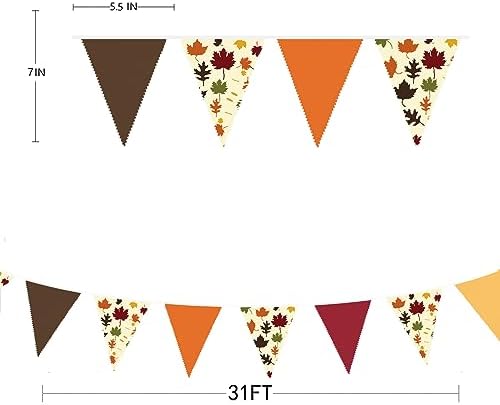 31Ft Fall Party Decorations Orange Brown Fall Maple Leaves Banner Fabric Triangle Flag Pennant Garland Streamers for Happy Fall Thanksgiving Day Harvest Autumn Birthday Outdoor Garden Hanging Decor