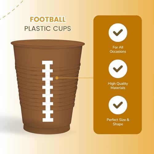 Football-Themed Brown Plastic Cups - 16 oz. (Pack of 25) - Sturdy & Durable Drinkware, Perfect for Game Day Parties & Tailgating Events