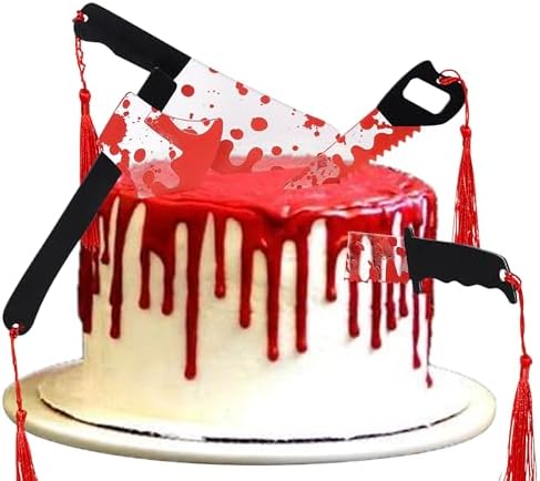 4 PCS Halloween Blood Knife Cake Toppers Acrylic Horror Halloween Cake Decorations Have a Killer Birthday Decorations for Blood Knife Theme Scary Killer Birthday Party Cake Decorations Supplies