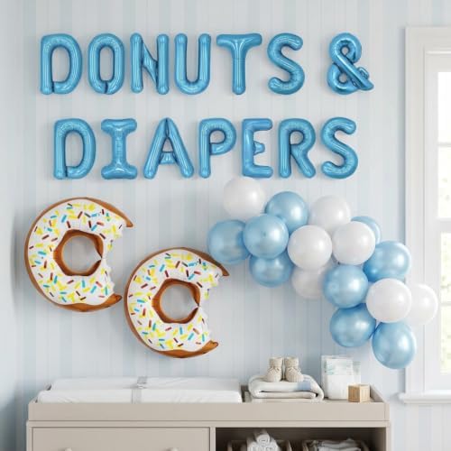 JeVenis Donuts Baby Shower Decorations Blue Backdrop Banner Letter Balloon