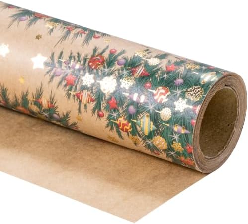 RUSPEPA 30" X 32.8' Kraft Christmas Wrapping Paper Large Paper Roll, Jumbo Roll, Gold Foil Elegant Christmas Tree with Ornament & Snowflake Design Kraft Gift Wrap for Xmas Gifts, Winter and Holidays