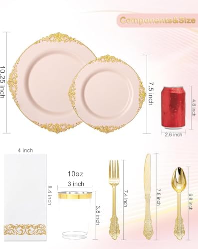 Nervure 350Pcs Pink Plastic Plates, Plastic Dinnerware Set for 50 Guests